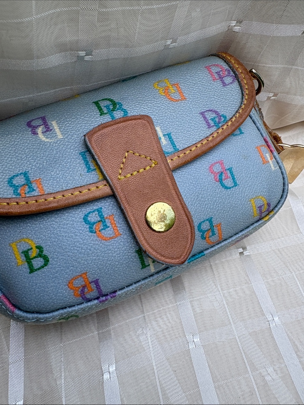 Vintage Dooney & Bourke Y2K Rainbow IT Blue Bag Wristlet + Pink Heart Charm